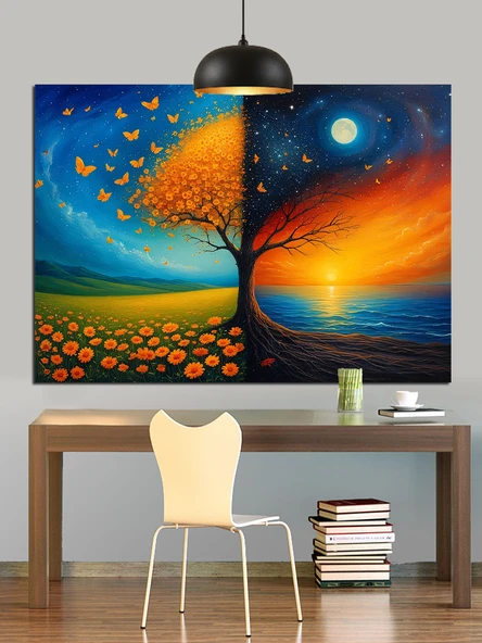 Güneş Ay Çiçek Manzarası Dekoratif Kanvas - Mdf Ahşap Tablo - 2