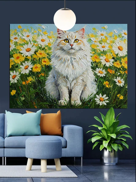 Beyaz Kedi Çiçek Tarlası Dekoratif Kanvas - Mdf Ahşap Tablo