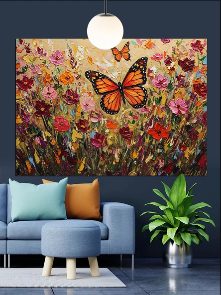 Kelebekler Çiçek Tarlası Uçuş Dekoratif Kanvas - Mdf Ahşap Tablo - 2