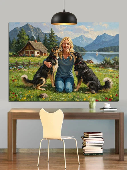 Köpekler Doğa Aile Manzarası Dekoratif Kanvas - Mdf Ahşap Tablo - 3