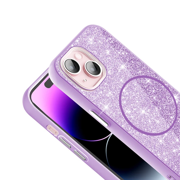 Apple iPhone 15 Plus Kılıf M-safe Şarj Özellikli Parlayan Simli  Okso Kapak - Resim 5