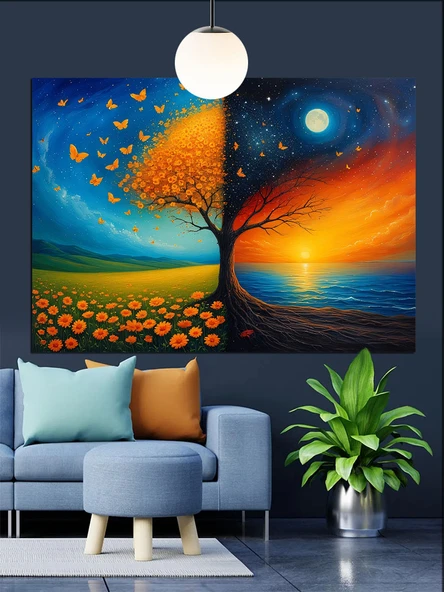 Güneş Ay Çiçek Manzarası Dekoratif Kanvas - Mdf Ahşap Tablo - 3