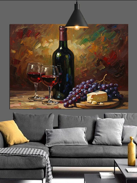 Şarap Peynir Üzüm Tabağı Dekoratif Kanvas - Mdf Ahşap Tablo
