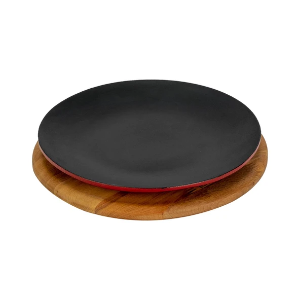 Lava Döküm Yuvarlak Servis Tabağı ve Kayın Servis Ahşabı. Çap(Ø)21cm.-Bordo - Resim 2