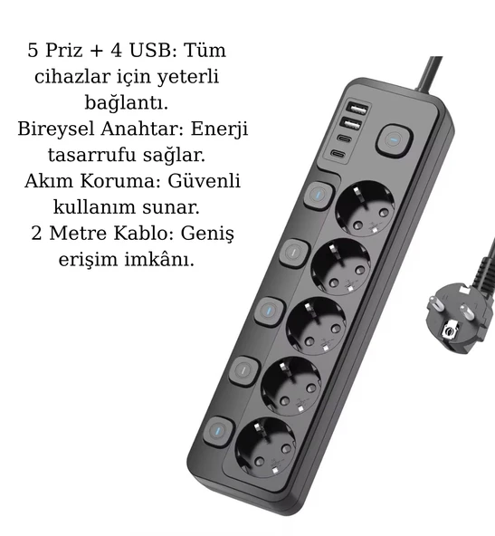 5 Priz 4 USB (2 Type-C) Akım Korumalı Anahtarlı Uzatma Kablosu 2 Metre - 2