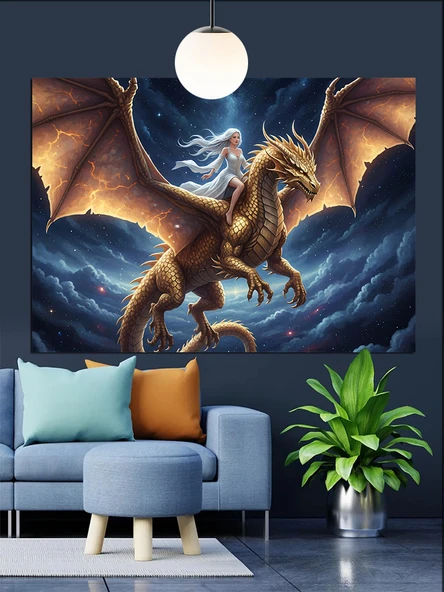 Fantastik Ejderha Hayvan Figürü Dekoratif Kanvas - Mdf Ahşap Tablo - 2