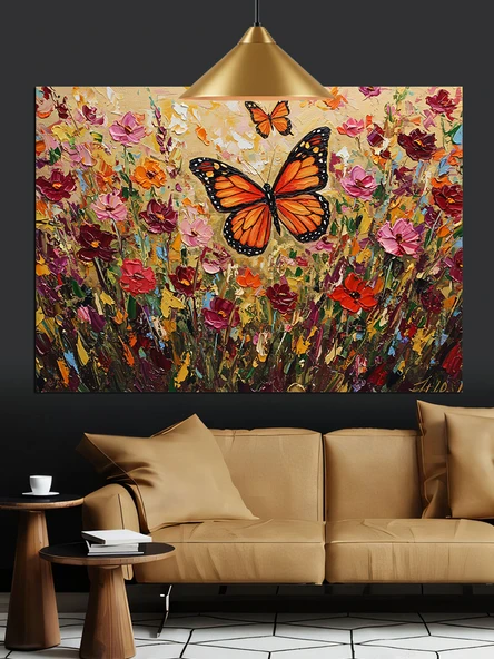 Kelebekler Çiçek Tarlası Uçuş Dekoratif Kanvas - Mdf Ahşap Tablo - 3