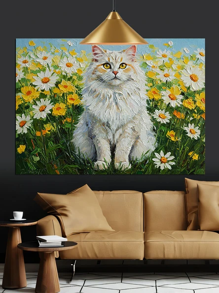 Beyaz Kedi Çiçek Tarlası Dekoratif Kanvas - Mdf Ahşap Tablo - 2