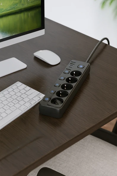 5 Priz 4 USB (2 Type-C) Akım Korumalı Anahtarlı Uzatma Kablosu 2 Metre