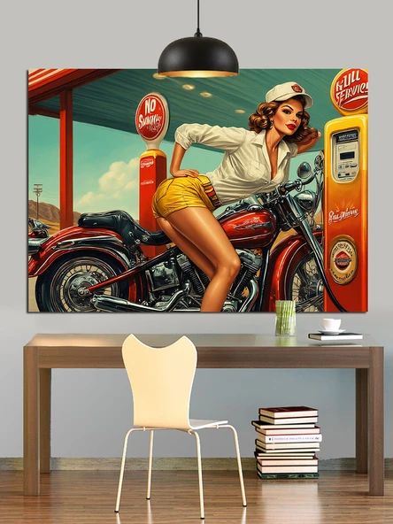 Benzinlik Motorsikletli Kadın Dekoratif Kanvas - Mdf Ahşap Tablo - 2