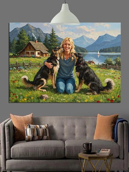 Köpekler Doğa Aile Manzarası Dekoratif Kanvas - Mdf Ahşap Tablo - 2