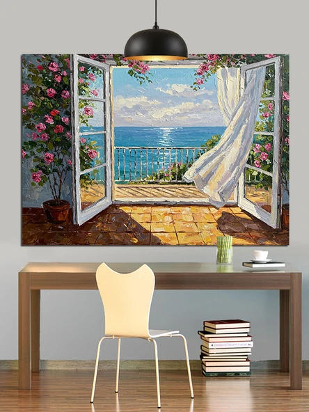 Pencere Deniz Manzarası Huzur Dekoratif Kanvas - Mdf Ahşap Tablo