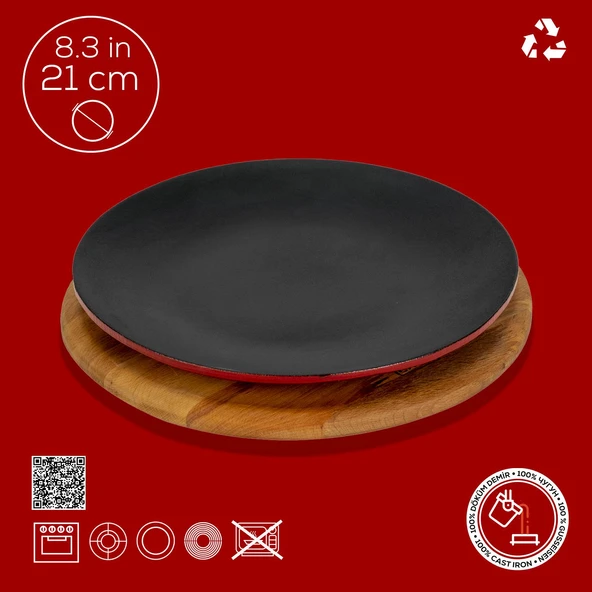 Lava Döküm Yuvarlak Servis Tabağı ve Kayın Servis Ahşabı. Çap(Ø)21cm.-Bordo - Resim 4