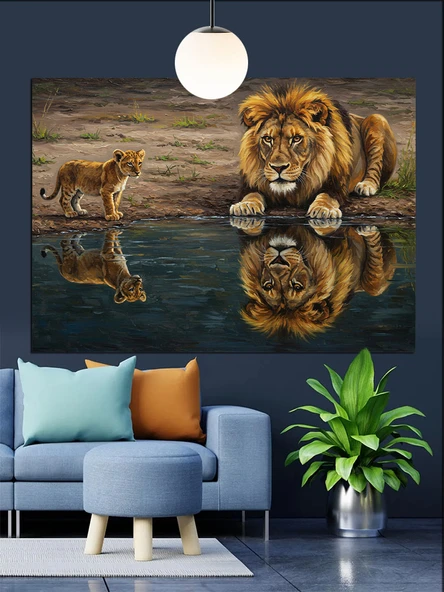 Aslan Yansıması Su Üstü Dekoratif Kanvas - Mdf Ahşap Tablo - 2