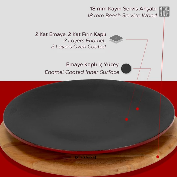 Lava Döküm Yuvarlak Servis Tabağı ve Kayın Servis Ahşabı. Çap(Ø)21cm.-Bordo - Resim 6