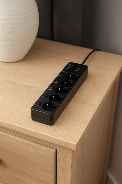 5 Priz 4 USB (2 Type-C) Akım Korumalı Anahtarlı Uzatma Kablosu 2 Metre - 4