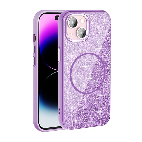 Apple iPhone 15 Plus Kılıf M-safe Şarj Özellikli Parlayan Simli  Okso Kapak - Resim 6