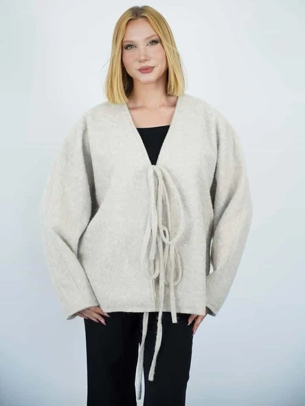 Bağlamalı Kaşe Ceket Hırka - 5