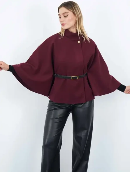 Pelerin Panço Kaban İnce Kaşe Kemer Hediyeli Gold Düğmeli - 7