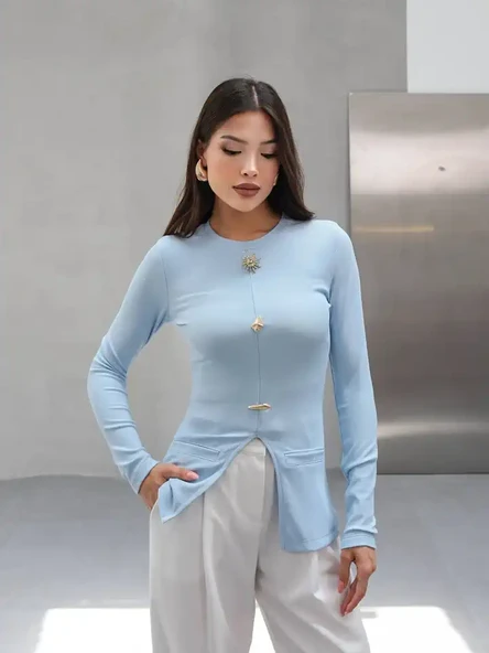 Gold Düğmeli Yırtmaçlı Bluz Pembe - 1
