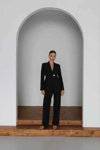 Kadın Siyah Blazer Ceket Pantolon Takım - 5