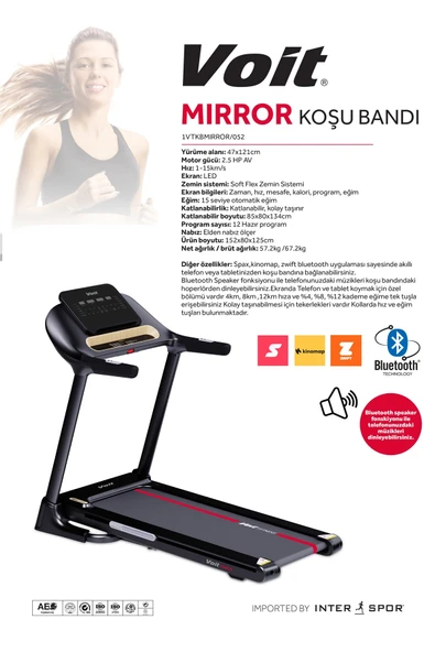 Mirror Otomatik Eğimli Koşu Bandı 2.5hp Katlanabilir Bluetooth'lu Hoparlörlü 110kg - 7