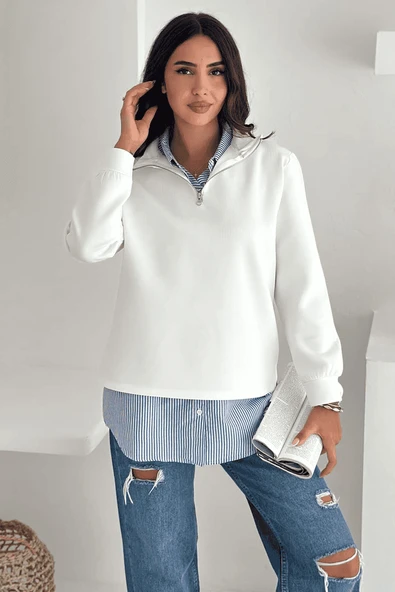 Fermuarlı Oversize Sweatshirt & Gömlek – Katmanlı Şehir Stili - 9