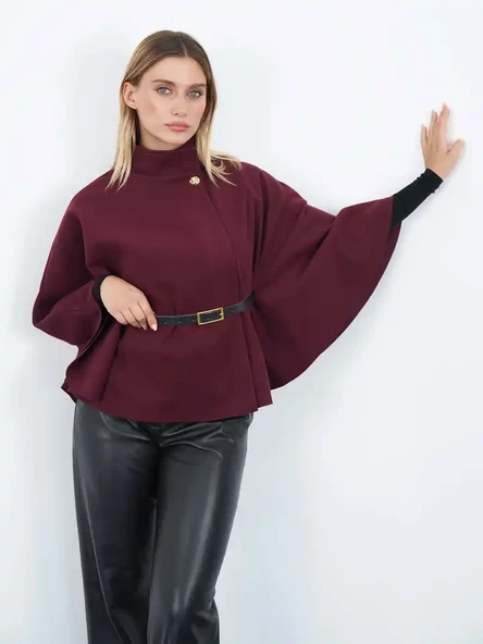 Pelerin Panço Kaban İnce Kaşe Kemer Hediyeli Gold Düğmeli - 8