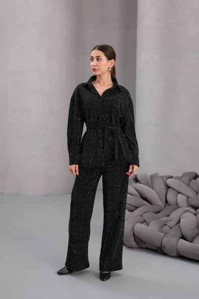 Kadın Siyah Fiyonklu Oversize Gömlek Ve Bağcıklı Beli Lastikli Taş İşlemeli İkili Takım - 4