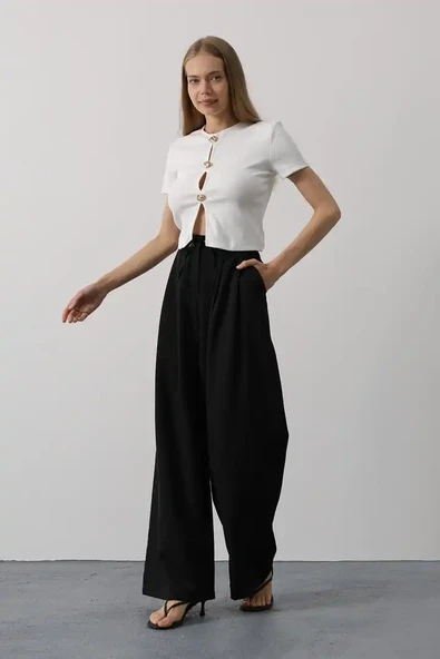 Pileli Bağcıklı Oversize Pantolon - 1