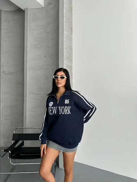 YARIM FERMUARLI NEWYORK YAZILI SWEAT - 4