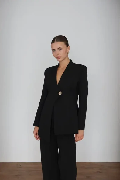 Kadın Siyah Blazer Ceket Pantolon Takım - 3