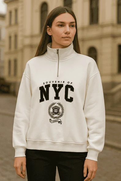 ÖNÜ FERMUARLI NYC BASKILI SWEAT - 3