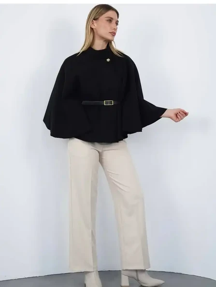 Pelerin Panço Kaban İnce Kaşe Kemer Hediyeli Gold Düğmeli - 12