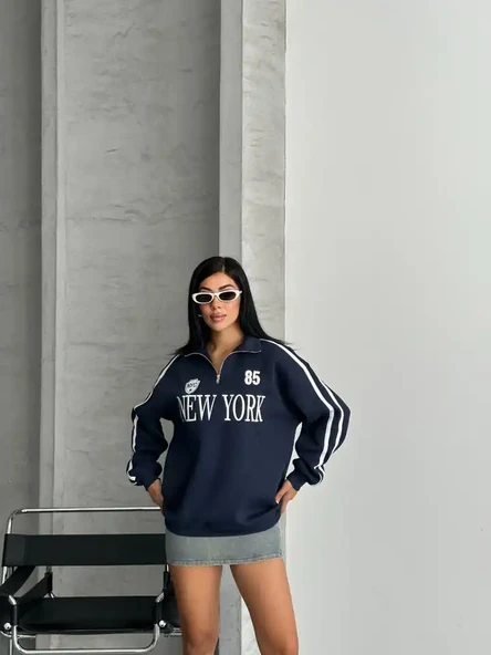 YARIM FERMUARLI NEWYORK YAZILI SWEAT - 3