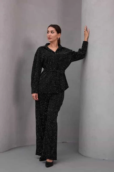 Kadın Siyah Fiyonklu Oversize Gömlek Ve Bağcıklı Beli Lastikli Taş İşlemeli İkili Takım - 5