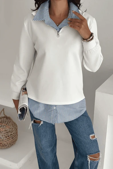 Fermuarlı Oversize Sweatshirt & Gömlek – Katmanlı Şehir Stili - 8