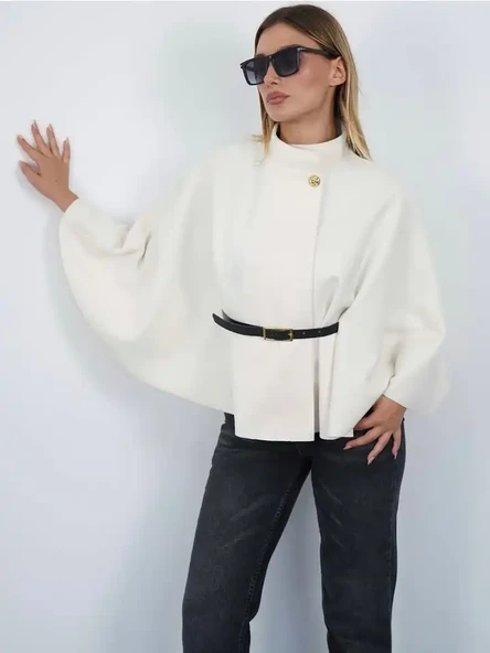 Pelerin Panço Kaban İnce Kaşe Kemer Hediyeli Gold Düğmeli - 3