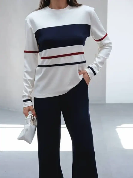 Kadın Çizgili Pamuklu Sweat Pantolon Rahat Takım - 3