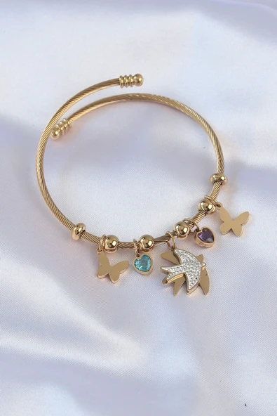 316L Çelik Gold Renk Zirkon Taşlı Minimal Kalp Detay Kelebek Charm Bileklik - TJ-BB6091 ürün görseli