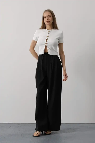 Pileli Bağcıklı Oversize Pantolon - 3