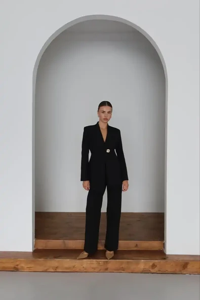 Kadın Siyah Blazer Ceket Pantolon Takım - 4