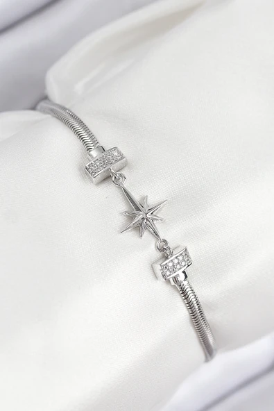 Pirinç Zirkon Taşlı Kutup Yıldızı Model Gümüş Renk Kadın Bileklik - TJ-BB7904 ürün görseli