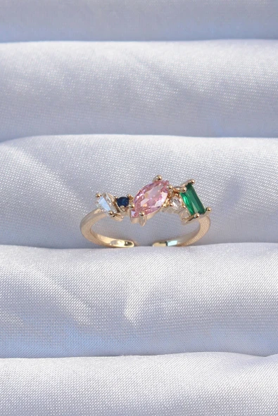 Pirinç Gold Renk Renkli Zirkon Taşlı Ayarlanabilir Yüzük - TJ-BYK3237 ürün görseli