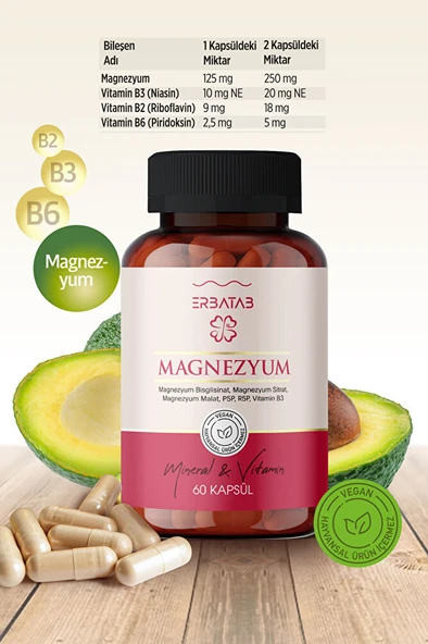 Erbatab Magnezyum 3 Lü Form (BİSGLİSİNAT, SİTRAT, MALAT) & Vitamin B2 , B3 , B6 - 60 Kapsül - Resim 2