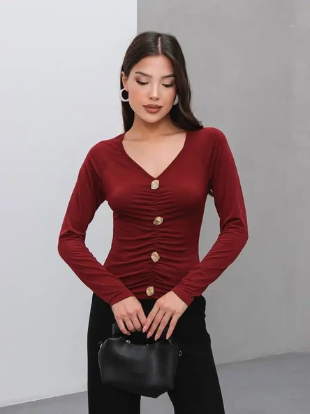 Kadın V Yaka Gold Düğmeli Bluz - Kahve - 3