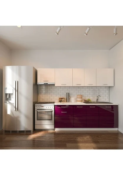 T Designo Nisan Hazır Mutfak Dolabı 260 cm Parlak Mürdüm ve Beyaz Tezgah Dahil ürün görseli