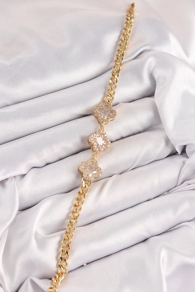 Pirinç Zirkon Taşlı Yonca Model Gold Renk Kadın Bileklik - TJ-BB7545 - Resim 2