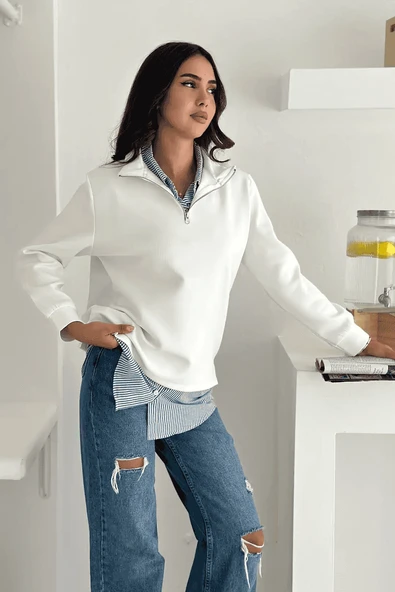 Fermuarlı Oversize Sweatshirt & Gömlek – Katmanlı Şehir Stili - 7
