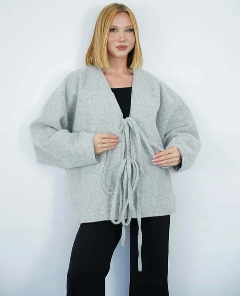 Bağlamalı Kaşe Ceket Hırka - 4